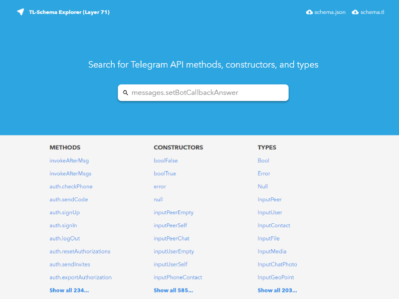 A screenshot of the schema viewer website. It lists methods, constructors, and types from the Telegram API; it prominently features a search box as well.